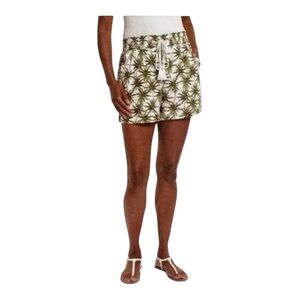 BRIGGS Drawstring Shorts Linen Blend White/Green Palm Trees Size: S